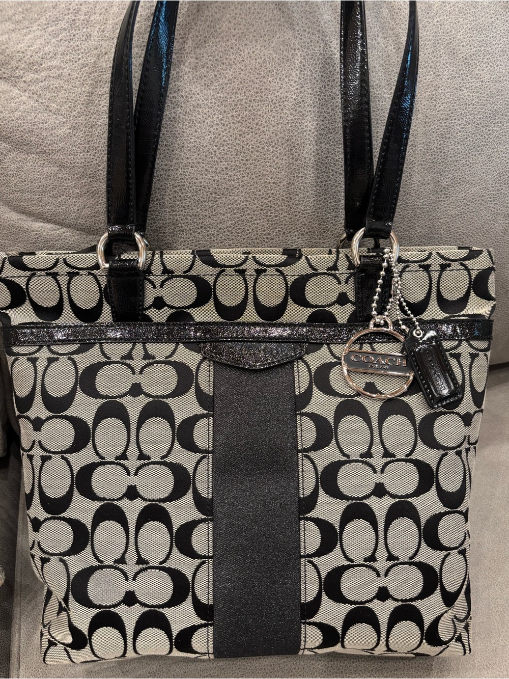 Coach Black and grey canvas and patent leather stripe Tote with 2 tags